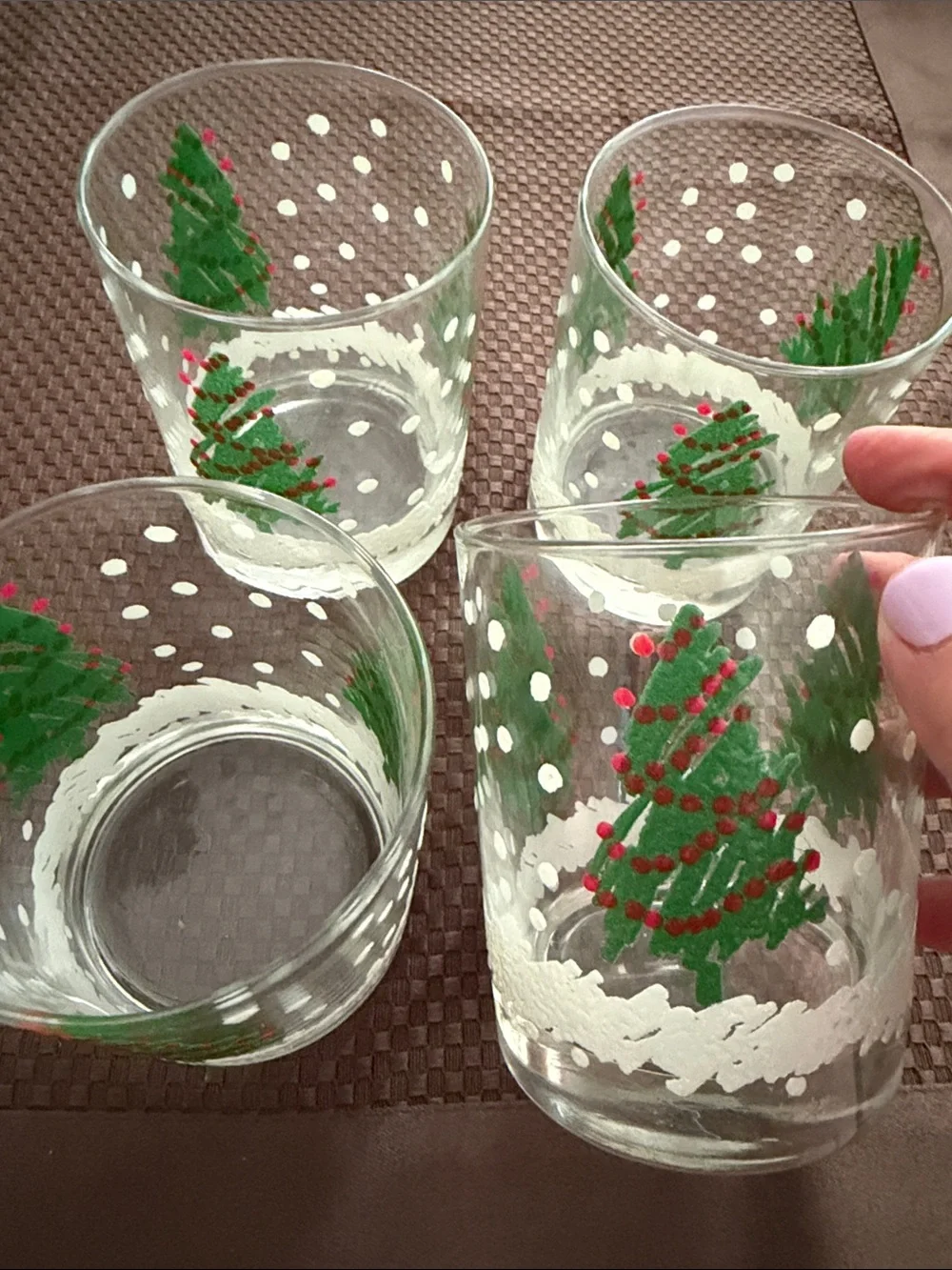 Vintage set of 4 Christmas Tree Holiday Glass- vintage lowballs set